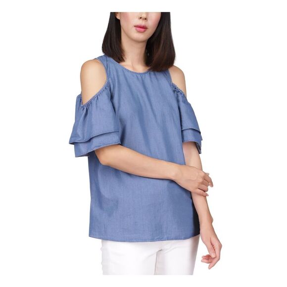 MICHAEL MICHAEL KORS Tops - MICHAEL MICHAEL KORS Womens Blue Keyhole Back Flutter Sleeve Round Neck Top XS